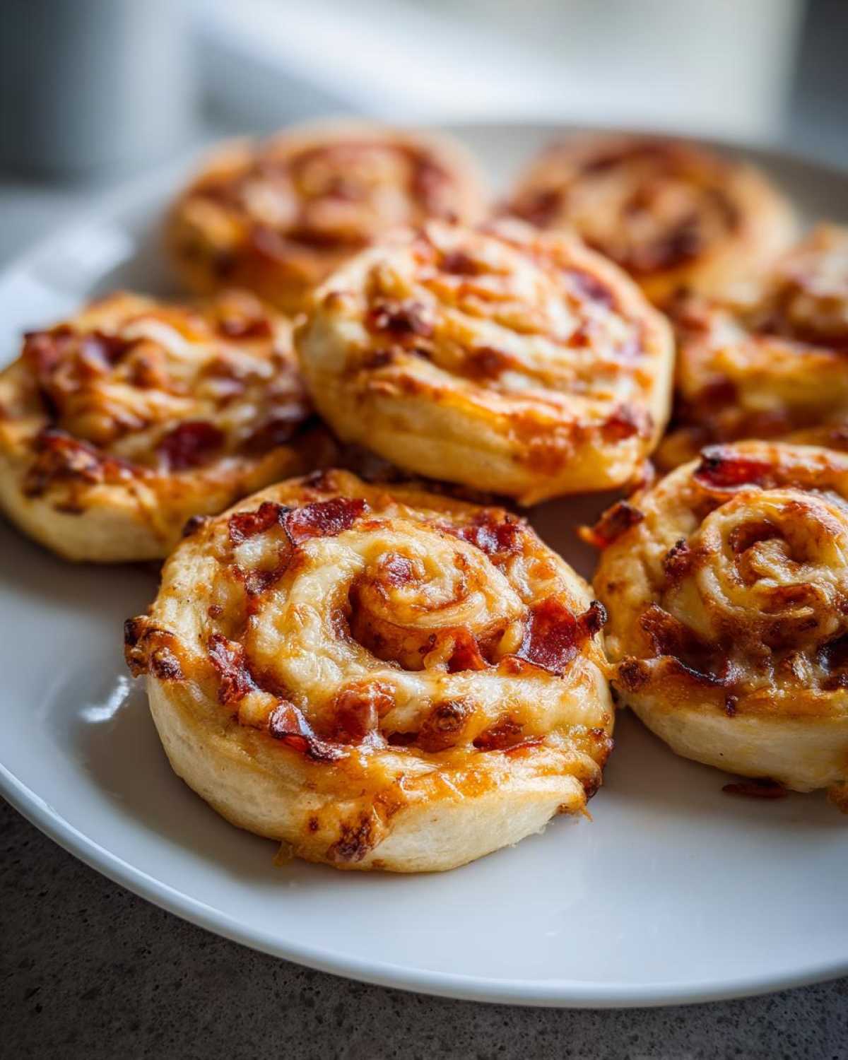 Close-up of several golden-brown pizza pinwheels topped with melted cheese and pepperoni slices.