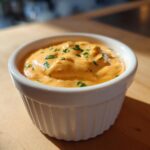 A close-up of creamy, orange-hued remoulade sauce topped with chopped green herbs in a white fluted bowl.