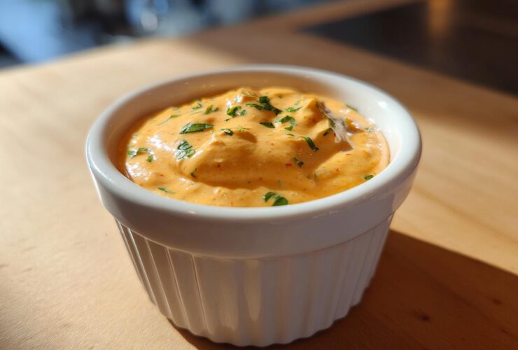 A close-up of creamy, orange-hued remoulade sauce topped with chopped green herbs in a white fluted bowl.