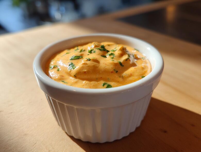A close-up of creamy, orange-hued remoulade sauce topped with chopped green herbs in a white fluted bowl.