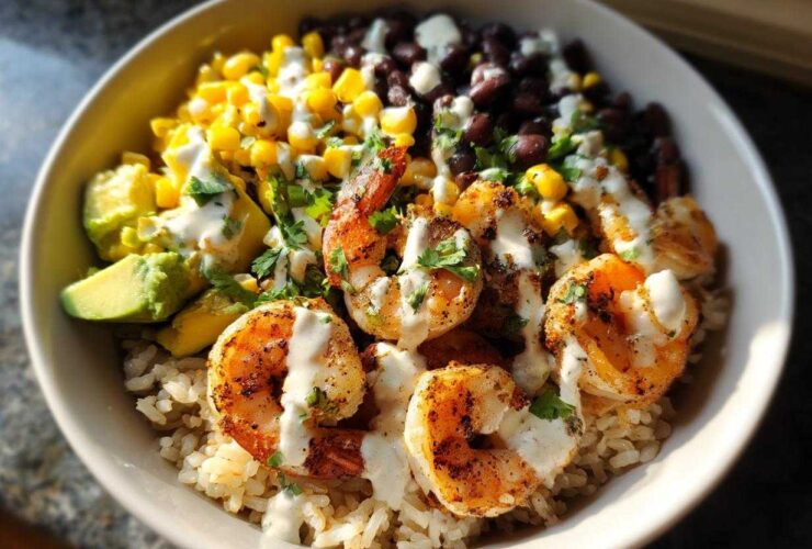 Close-up of a vibrant shrimp bowl featuring seasoned shrimp, brown rice, black beans, corn, avocado, and a creamy white sauce.