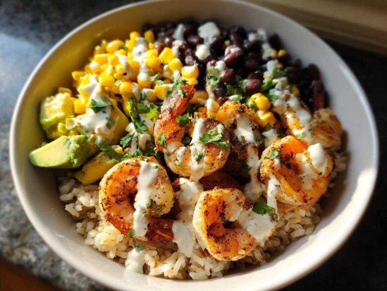 Close-up of a vibrant shrimp bowl featuring seasoned shrimp, brown rice, black beans, corn, avocado, and a creamy white sauce.