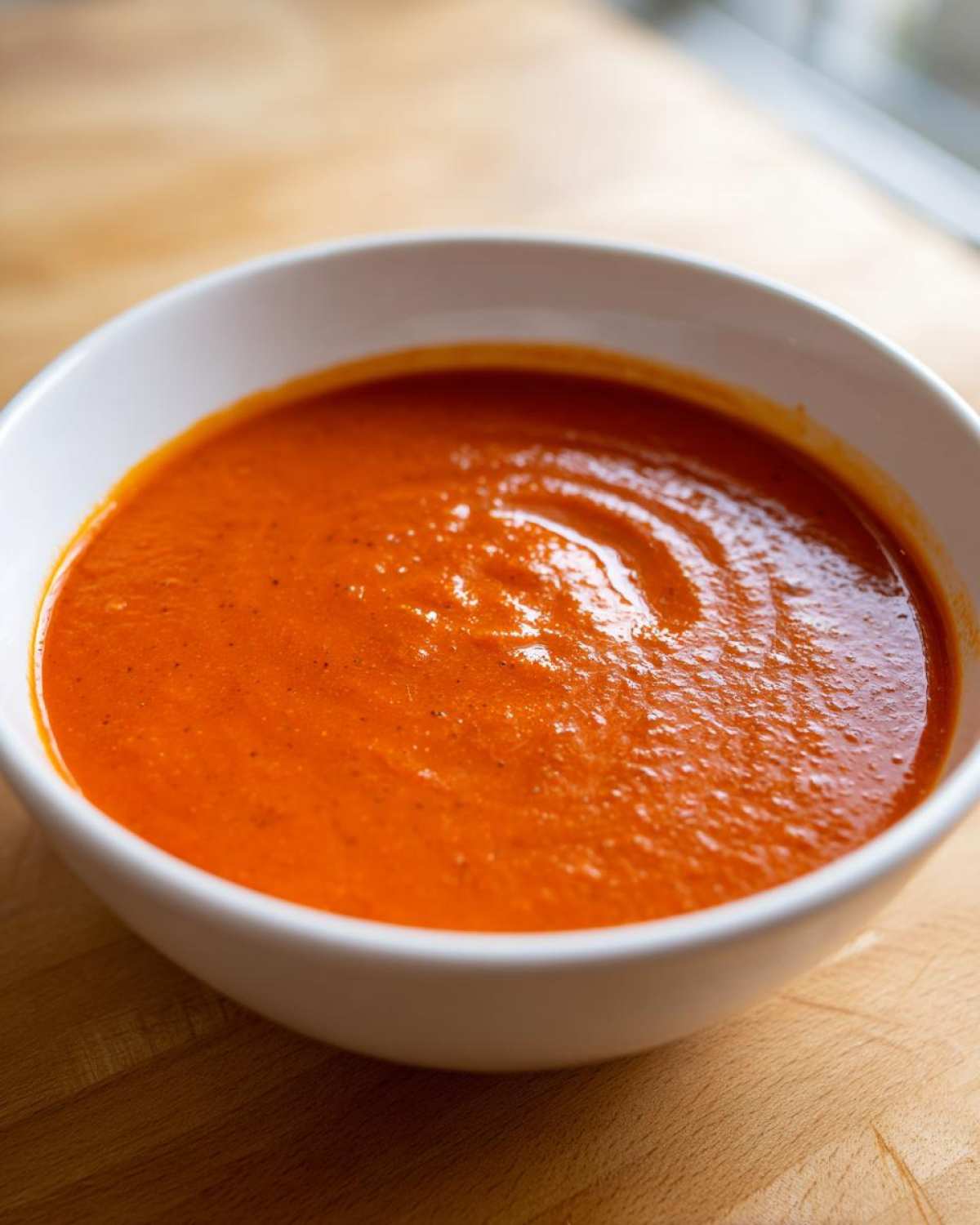 Close-up of a white bowl filled with vibrant, smooth Tomato Soup resting on a wooden surface.