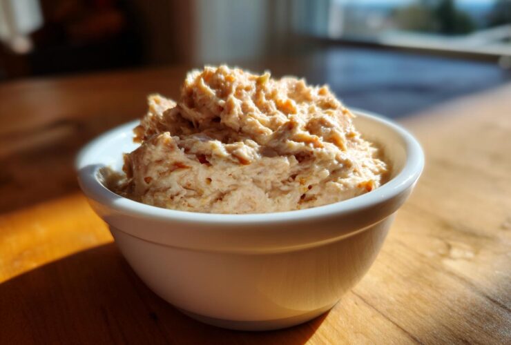 A close-up of a creamy, textured tuna dip served in a small white bowl on a sunlit wooden table.