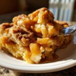 A fork lifts a bite of warm apple bubble up casserole covered in gooey cinnamon caramel sauce.