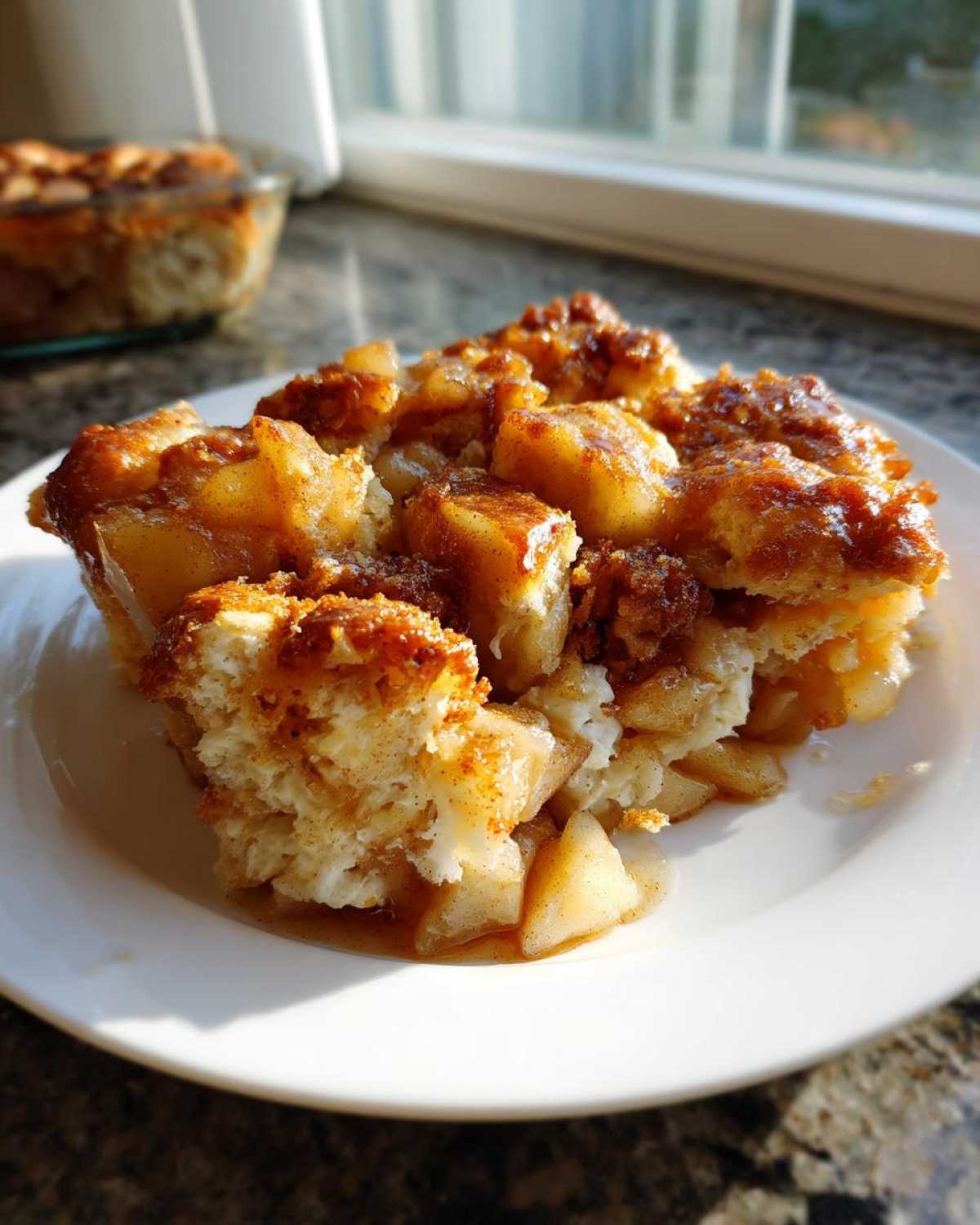 A close-up serving of warm apple bubble up casserole, topped with cinnamon sugar and syrup, ready to eat.