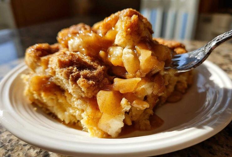 A fork lifts a bite of warm apple bubble up casserole covered in gooey cinnamon caramel sauce.