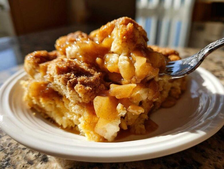 A fork lifts a bite of warm apple bubble up casserole covered in gooey cinnamon caramel sauce.
