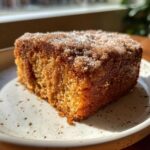 Close-up of a moist slice of Apple Cider Donut Cake topped with sparkling cinnamon sugar.