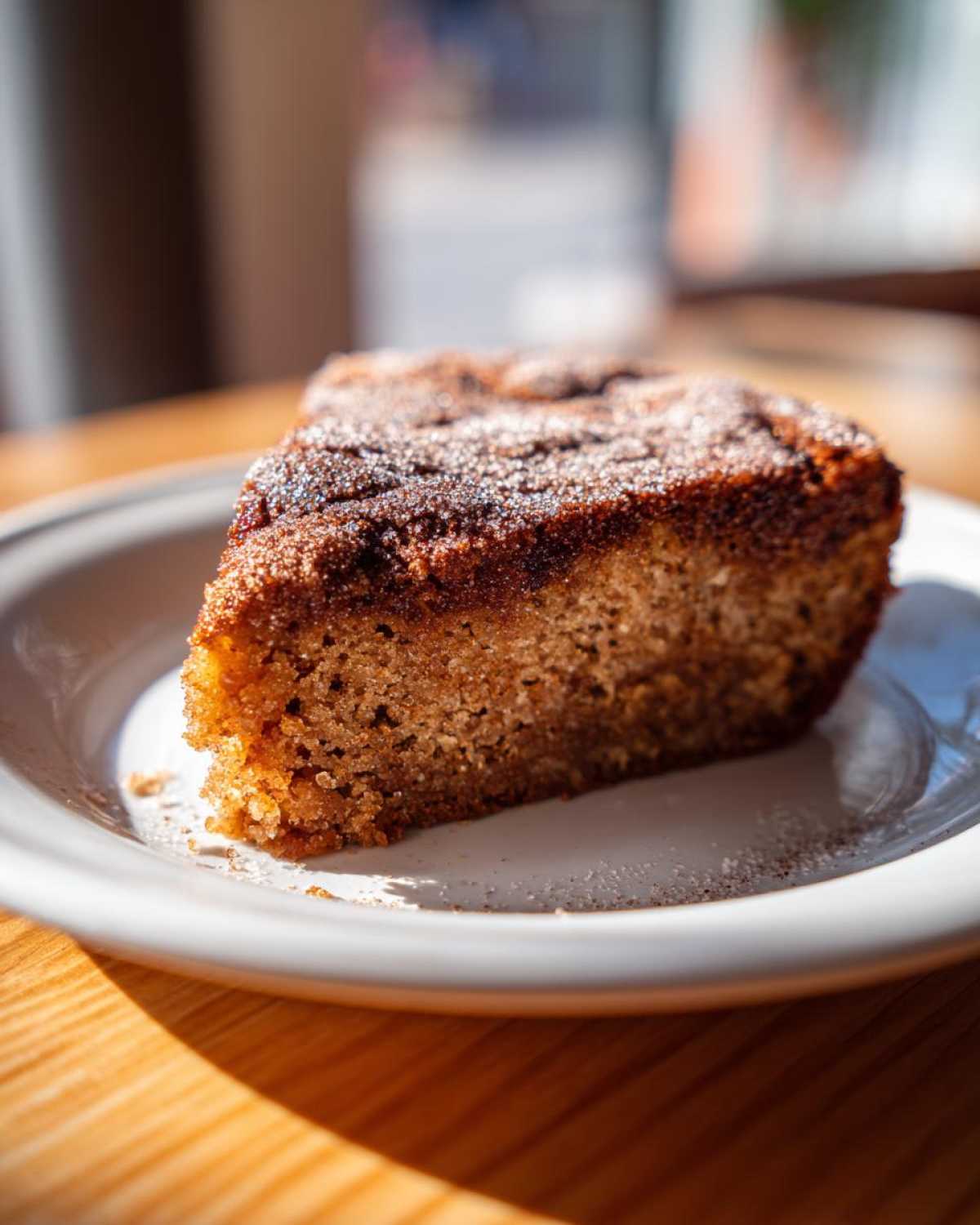 A close-up of a moist slice of Apple Cider Donut Cake topped with cinnamon sugar, served on a white plate.
