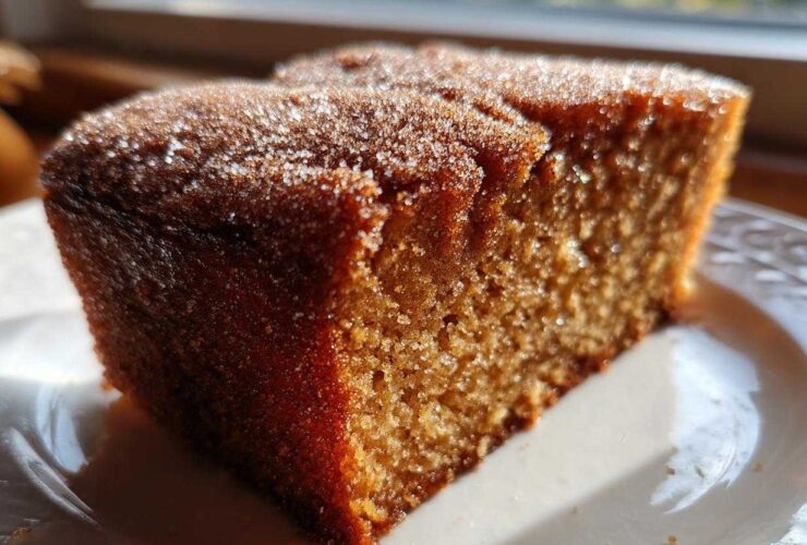 Close-up of a moist slice of Apple Cider Donut Cake, featuring a rich brown crumb and a sparkling cinnamon-sugar topping.
