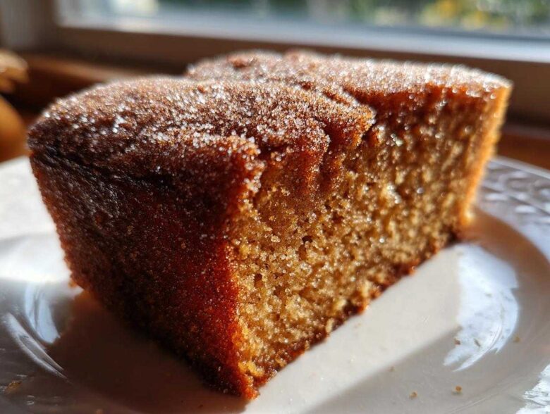 Close-up of a moist slice of Apple Cider Donut Cake, featuring a rich brown crumb and a sparkling cinnamon-sugar topping.