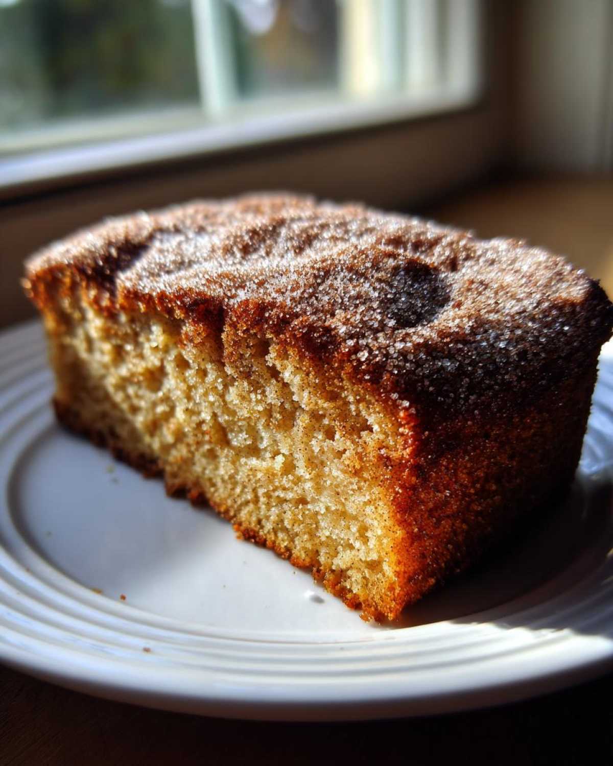 A close-up slice of moist Apple Cider Donut Cake topped with sparkling cinnamon sugar, sitting on a white plate.