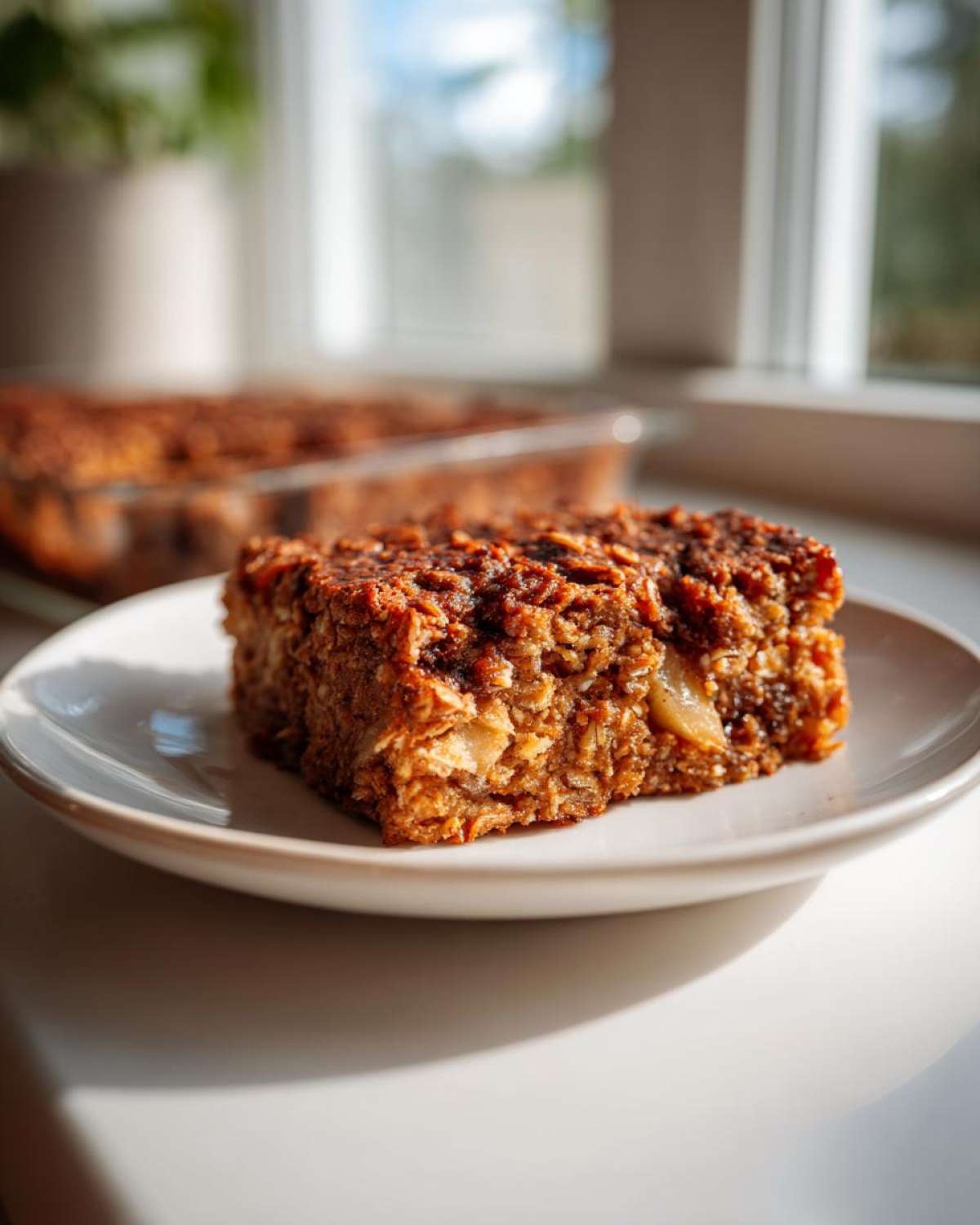 A square slice of Apple Cinnamon Baked Oatmeal served on a white plate, with the rest of the dish blurred in the background.