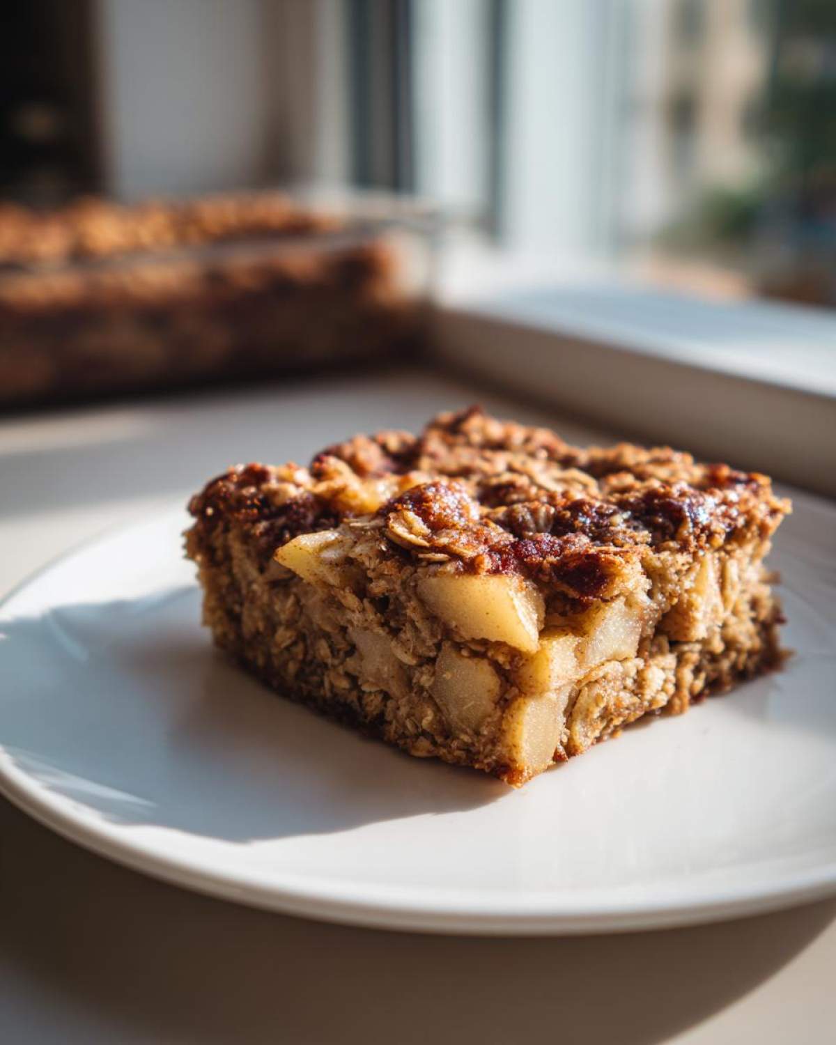 A close-up of one square slice of Apple Cinnamon Baked Oatmeal, showing chunks of apple, served on a white plate near a window.