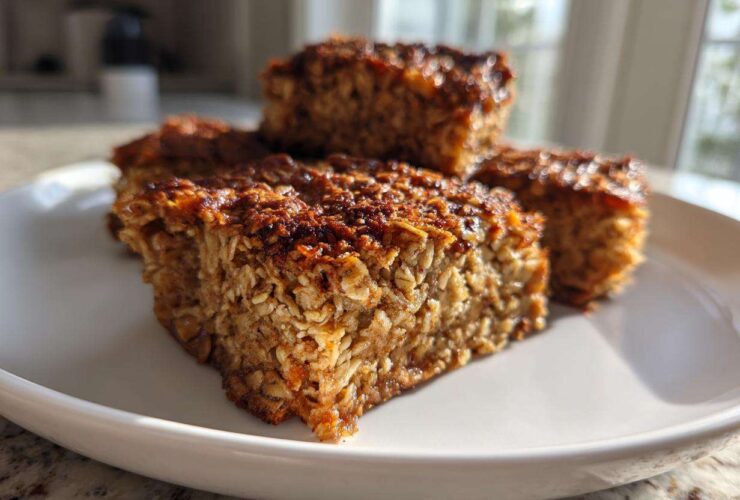 Close-up of three squares of baked Apple Cinnamon Baked Oatmeal with a caramelized top, served on a white plate.