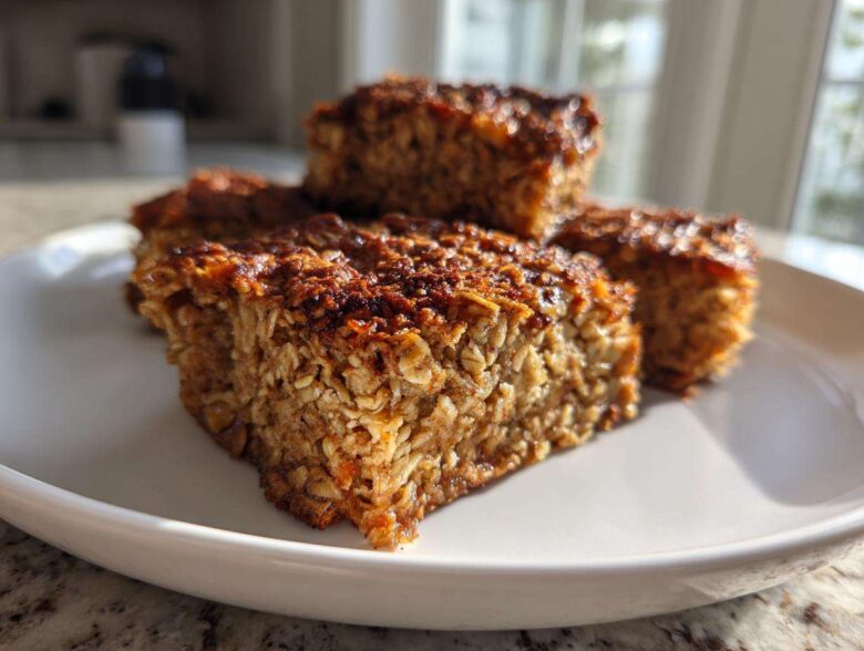 Close-up of three squares of baked Apple Cinnamon Baked Oatmeal with a caramelized top, served on a white plate.