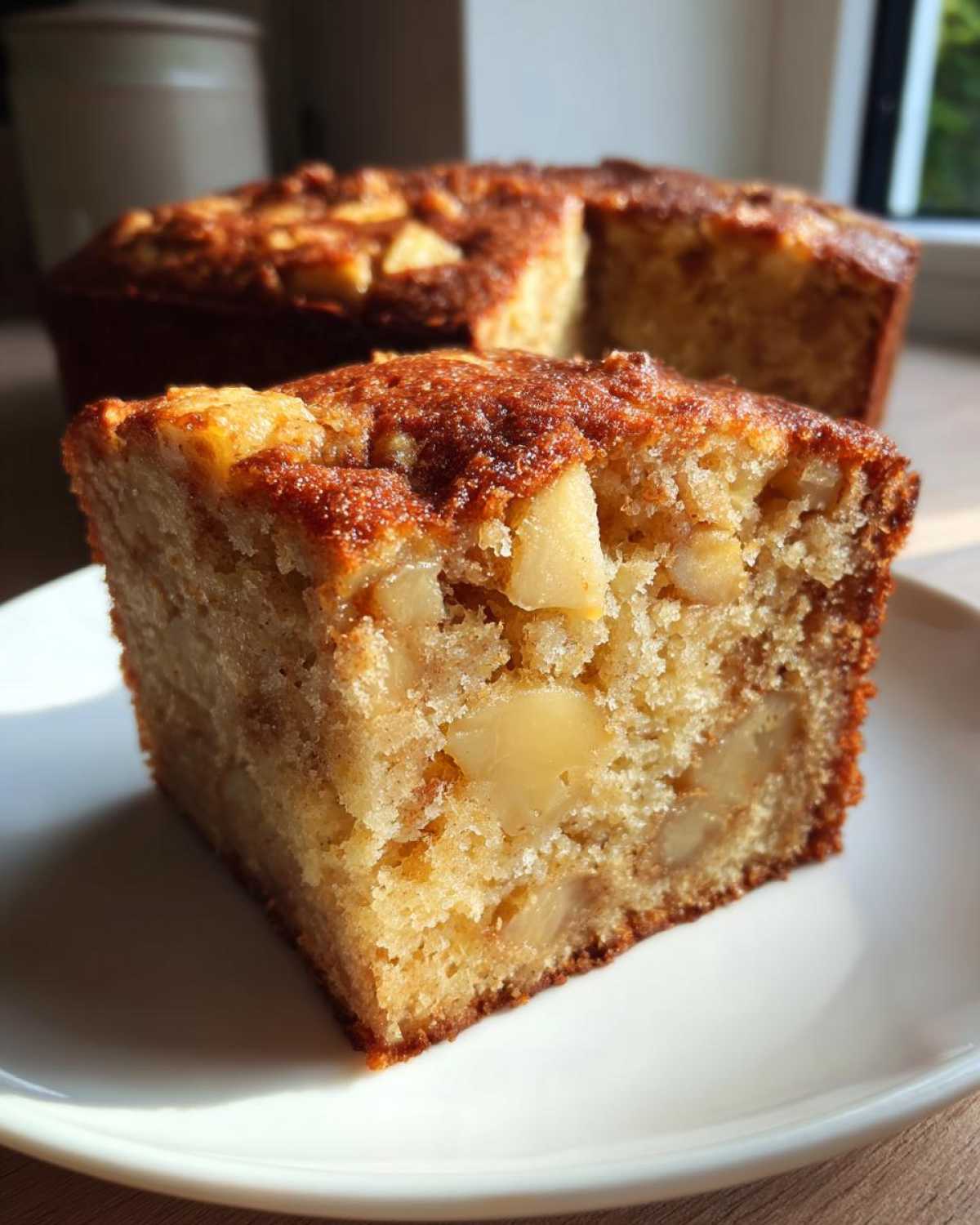 Close-up of a moist slice of apple cinnamon cake showing chunks of apple baked inside.