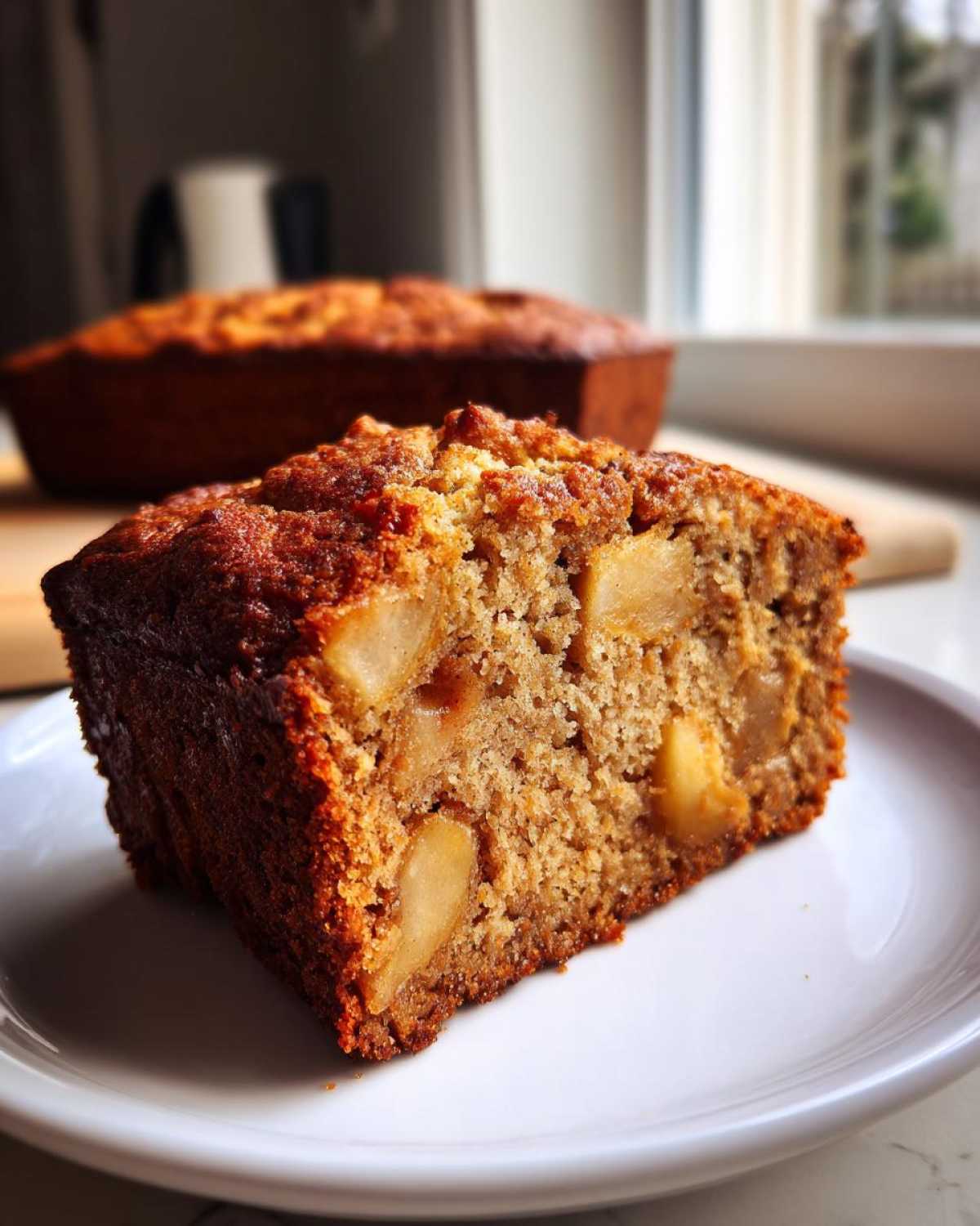 Close-up of a slice of apple cinnamon cake moist loaf, showing tender crumb and baked apple pieces.