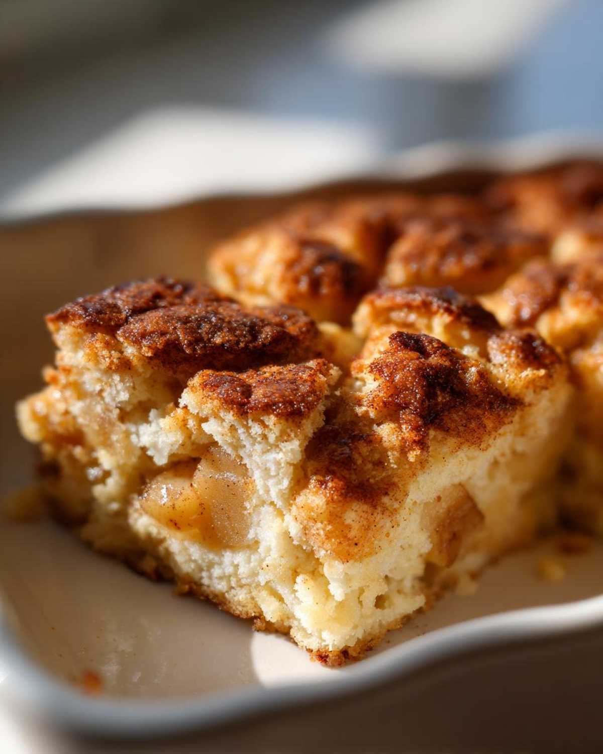 A close-up slice of moist apple cobbler showing tender baked apples and a cinnamon-sugar topping.