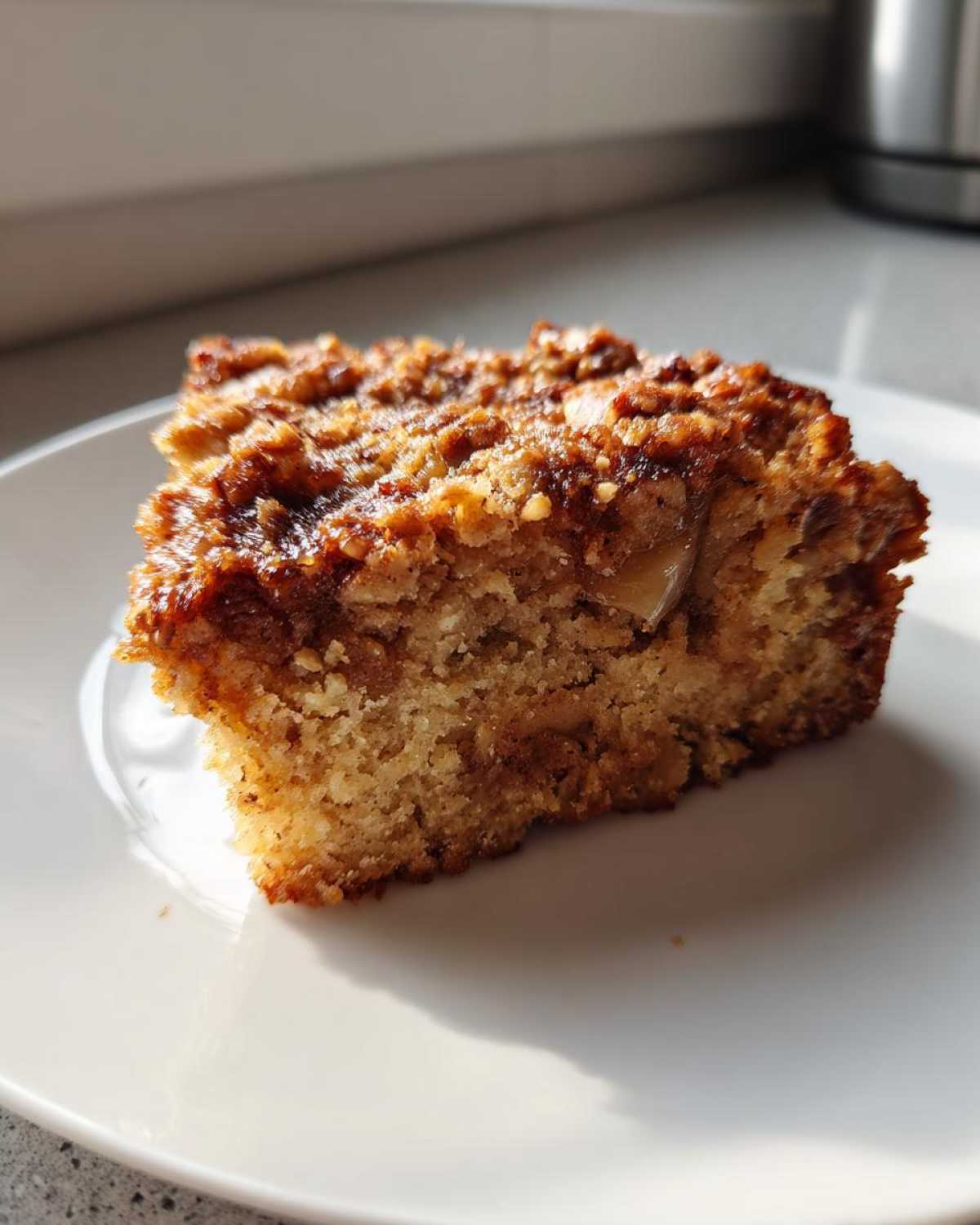 Close-up of a moist slice of apple crisp cake: perfect with coffee, showing a thick, caramelized crumb topping.