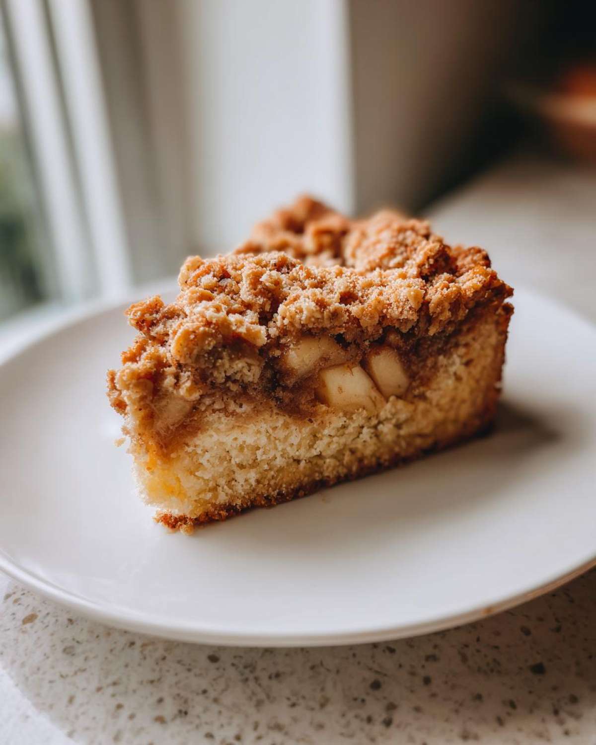 A close-up of a moist slice of apple crisp cake: perfect with coffee, showing chunks of apple and a thick streusel topping.