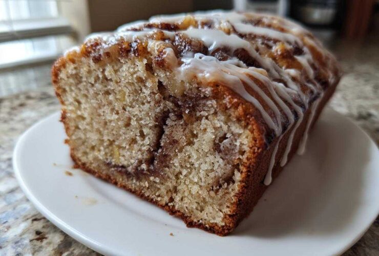 A close-up of a moist slice of apple fritter bread with a cinnamon swirl and white glaze drizzled on top.