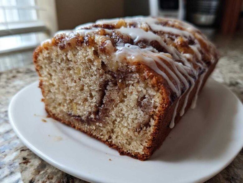 A close-up of a moist slice of apple fritter bread with a cinnamon swirl and white glaze drizzled on top.