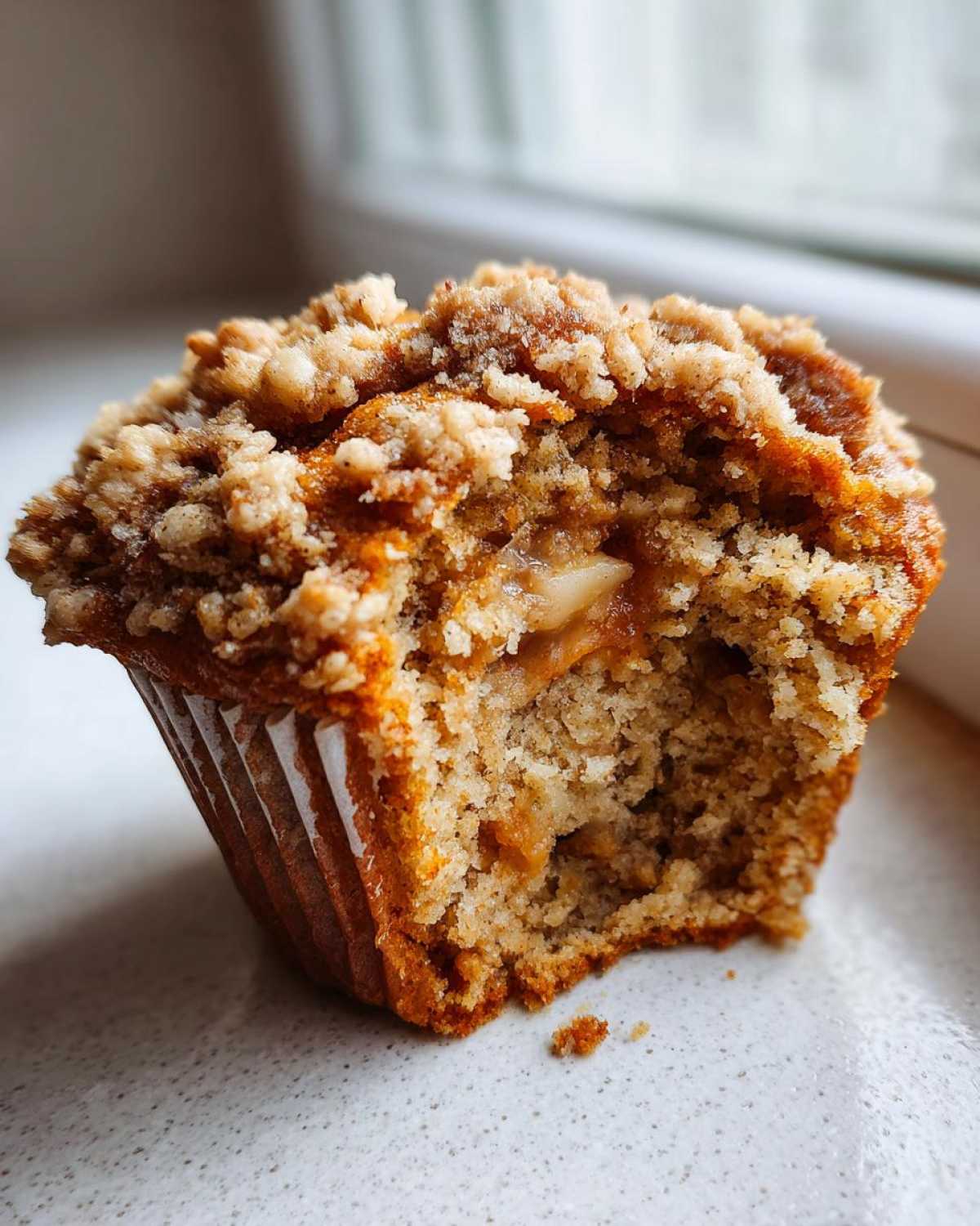 A close-up shot of an Apple oatmeal muffins cut in half, showing moist interior, apple chunks, and streusel topping.
