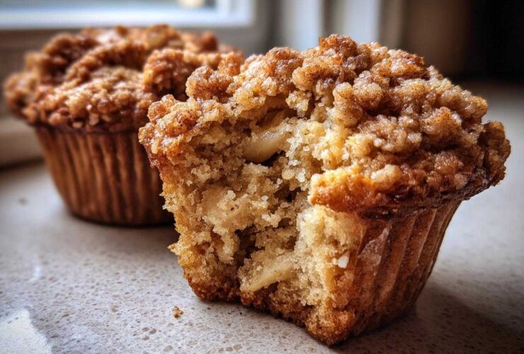 A close-up view of a bitten Apple oatmeal muffin showing the soft interior and cinnamon crumb topping, with another muffin blurred in the background.
