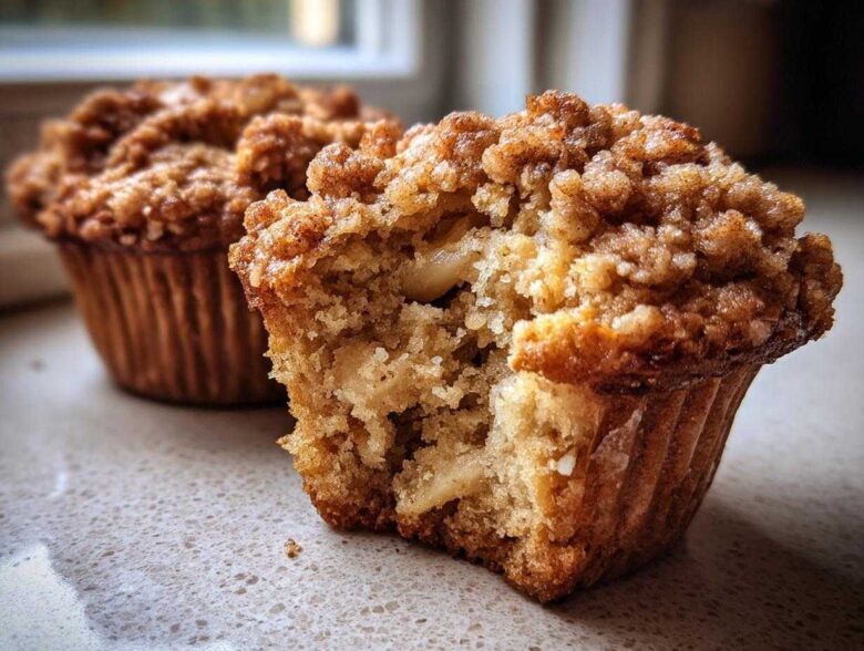 A close-up view of a bitten Apple oatmeal muffin showing the soft interior and cinnamon crumb topping, with another muffin blurred in the background.