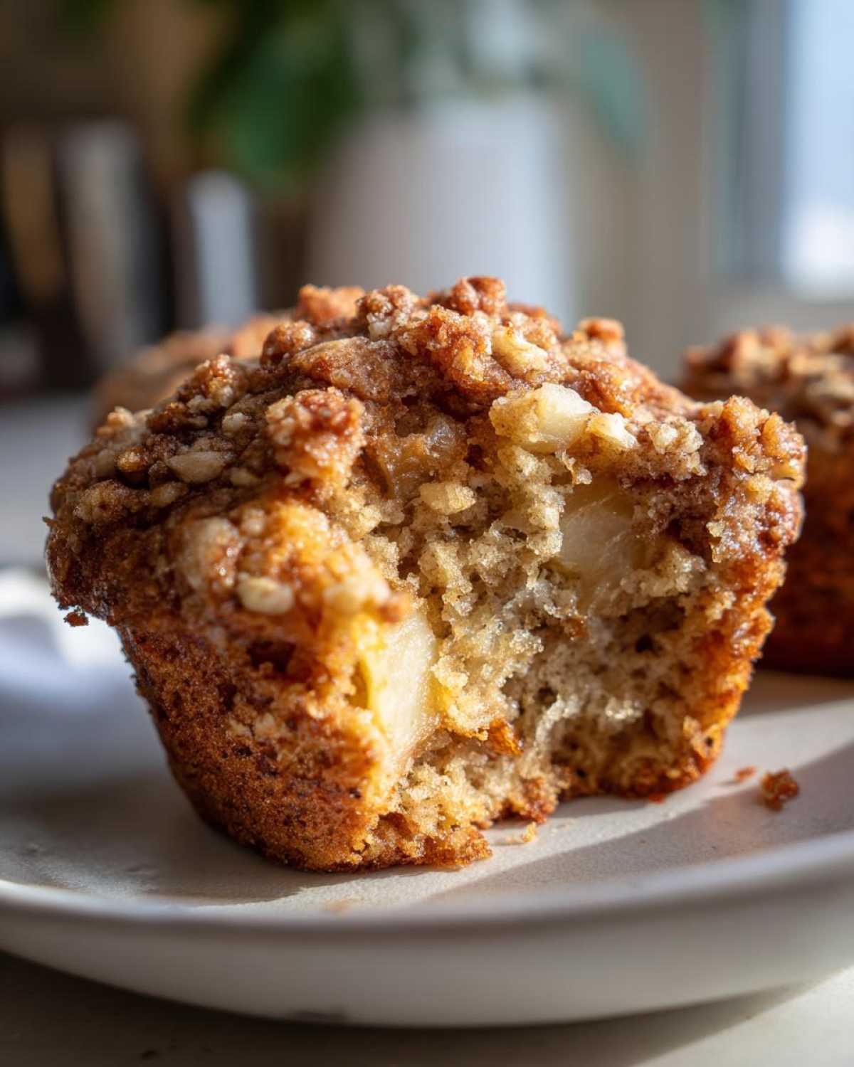 A close-up shot of an Apple oatmeal muffin with a bite taken out, showing soft interior and chunky apple pieces.