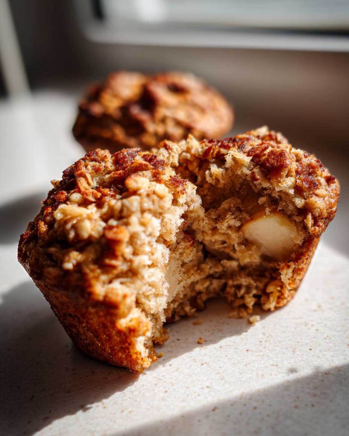 A close-up of an Apple oatmeal muffin broken open, showing soft interior and chunks of apple inside.