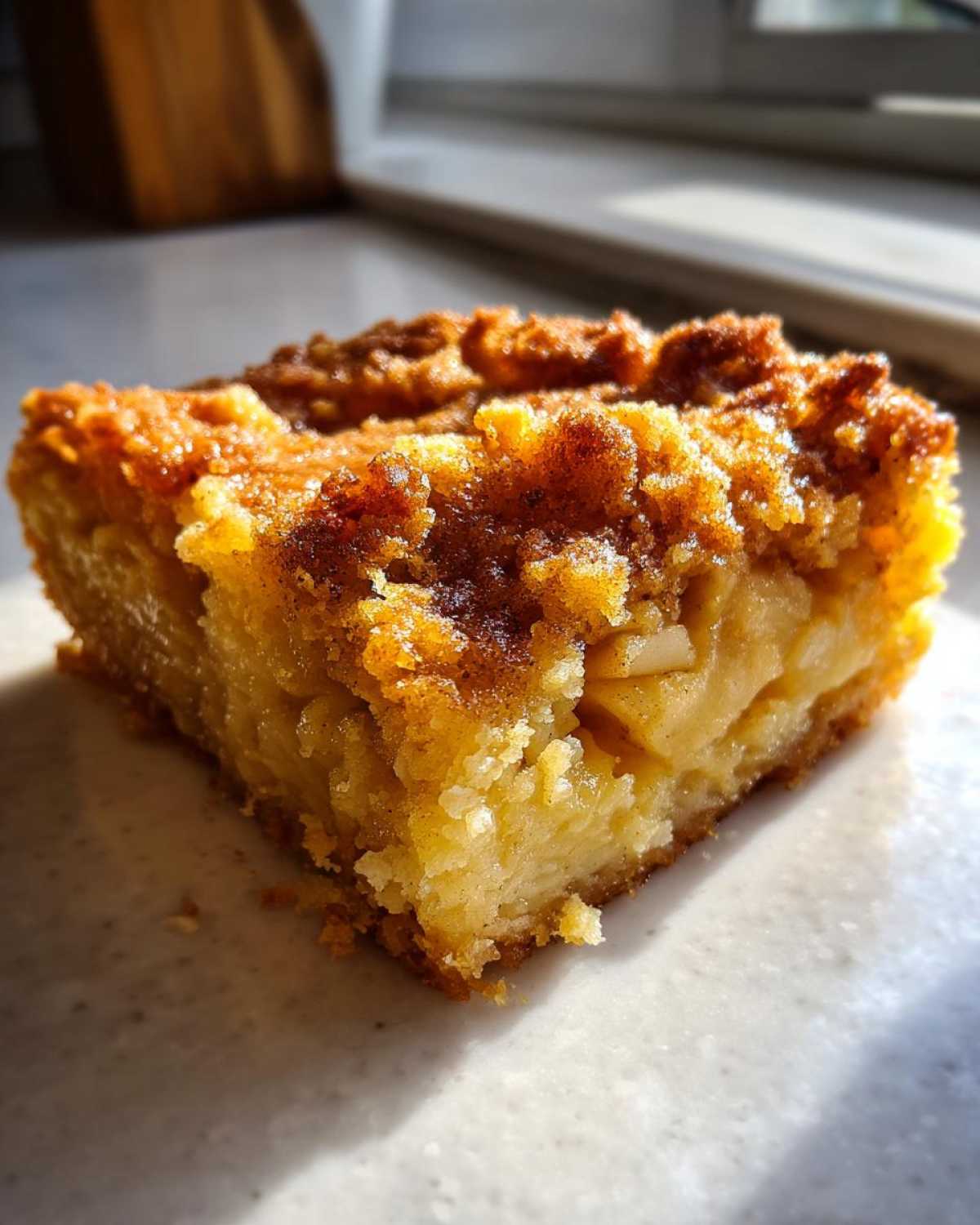 Close-up of a square slice of moist apple pie dump cake showing soft apples and a crumbly cinnamon topping.