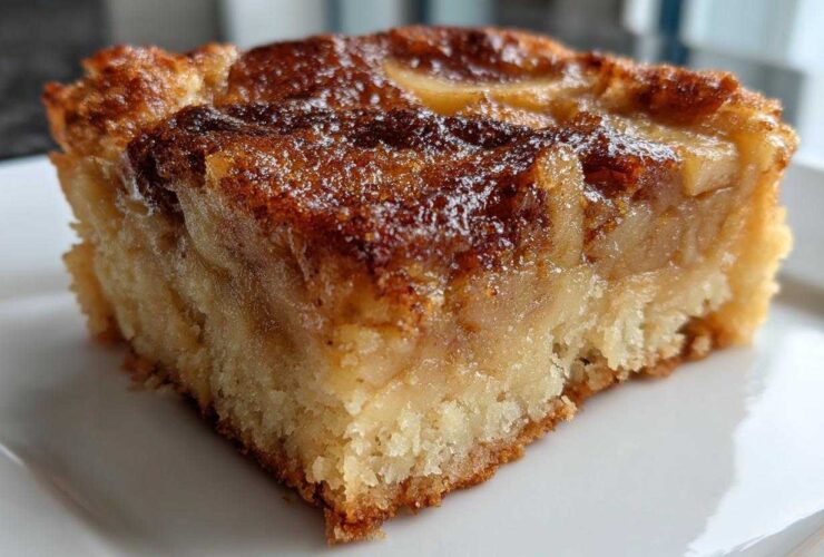 Close-up of a moist, square slice of apple pie dump cake showing the soft cake base and caramelized apple topping.