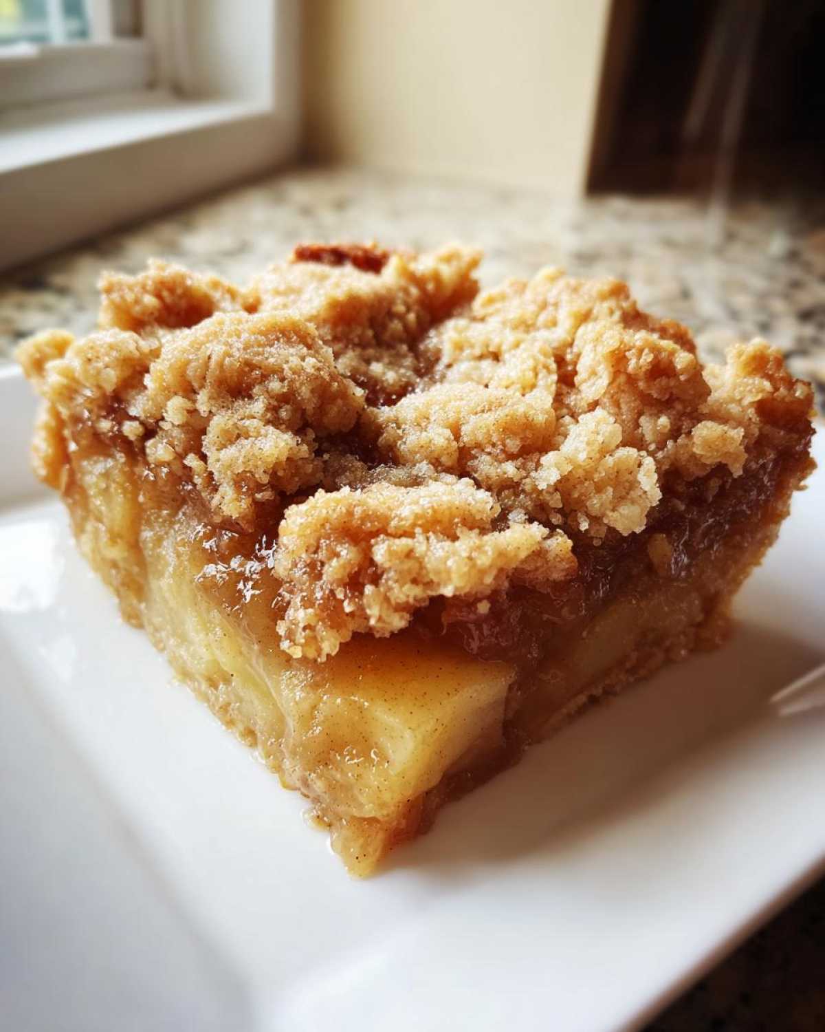 A close-up of a square slice of apple pie dump cake showing tender apples and a thick, buttery crumb topping.