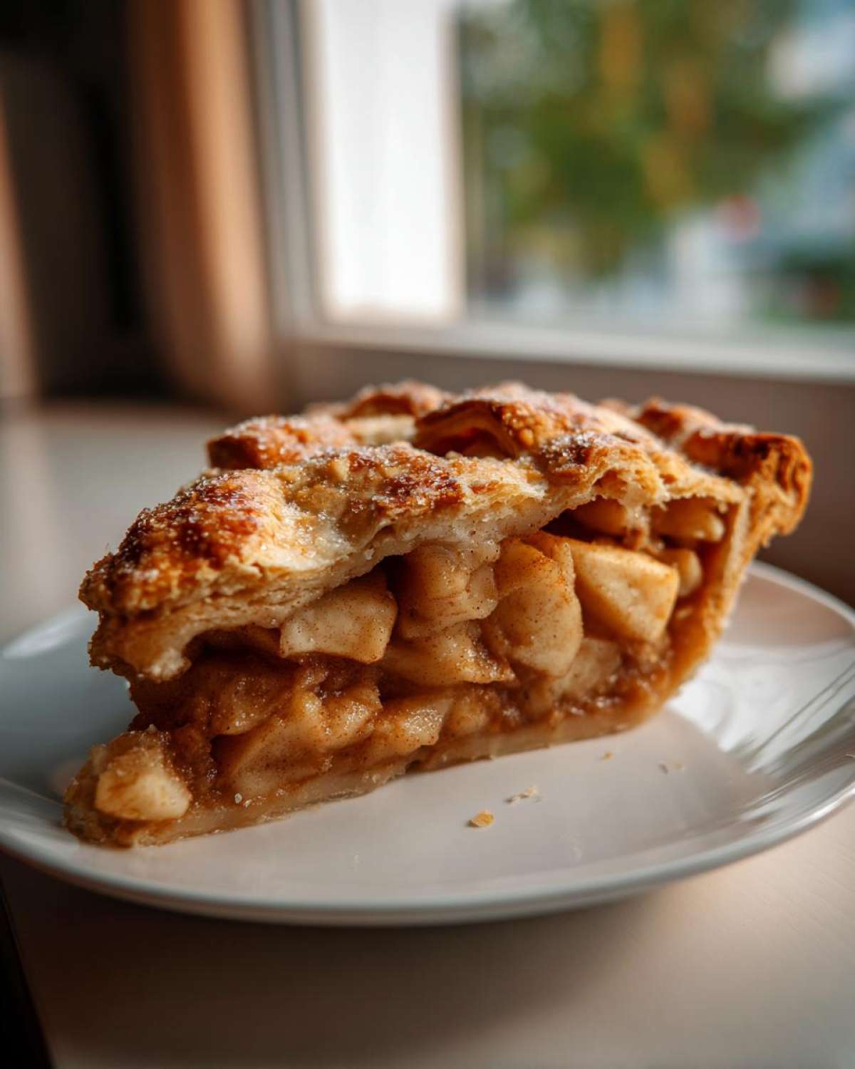 Close-up of a thick slice of apple pie recipe showing flaky, sugared crust and chunky cinnamon-spiced apple filling.