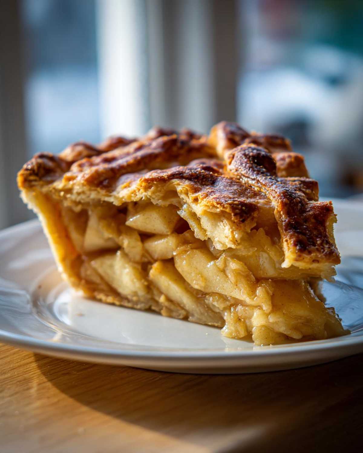 Close-up of a thick slice of apple pie recipe showing juicy filling and a golden, flaky lattice crust.