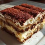 A close-up of a rich, layered slice of authentic Tiramisu dusted heavily with cocoa powder.