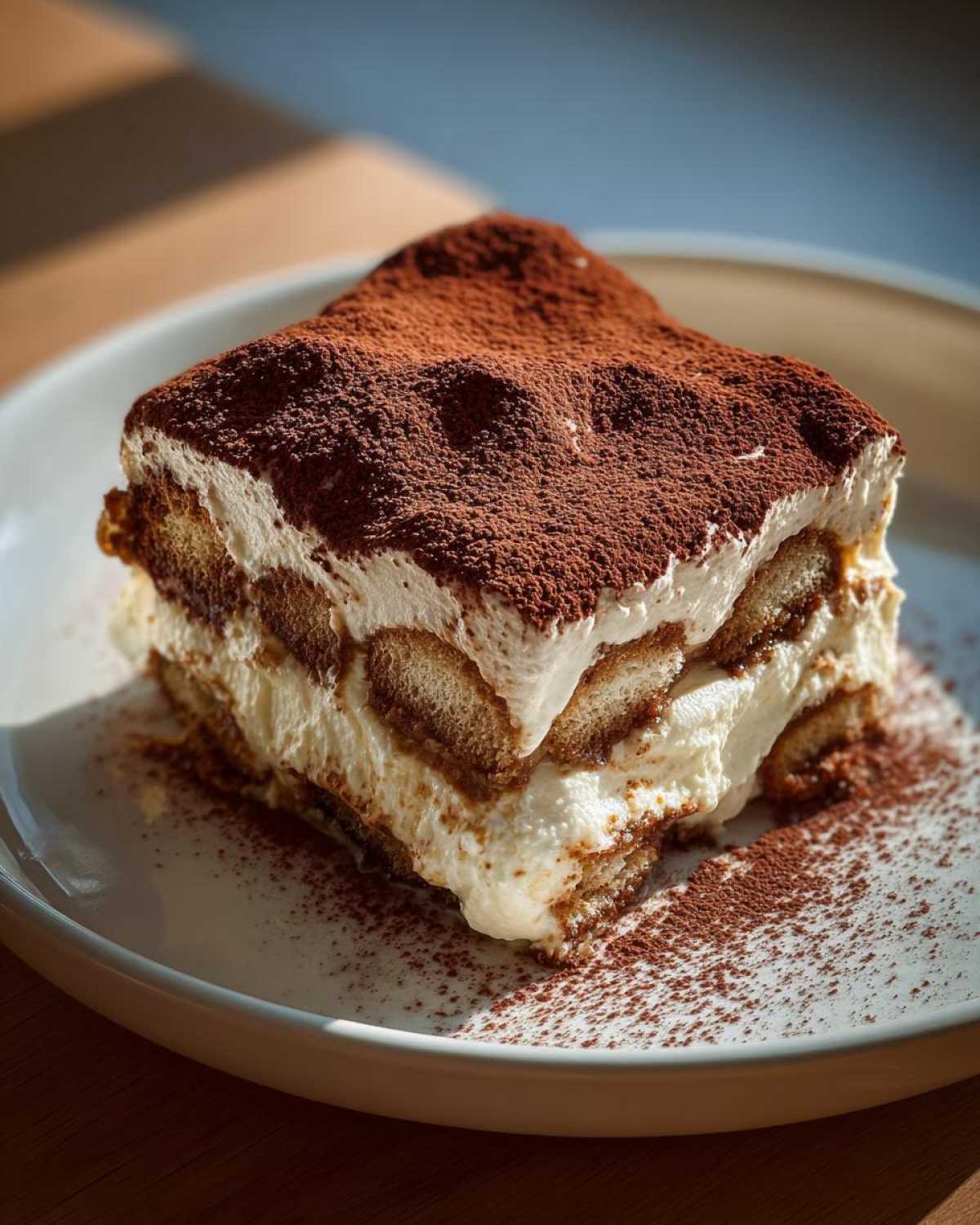A decadent, layered slice of authentic Tiramisu topped generously with cocoa powder, served on a white plate.