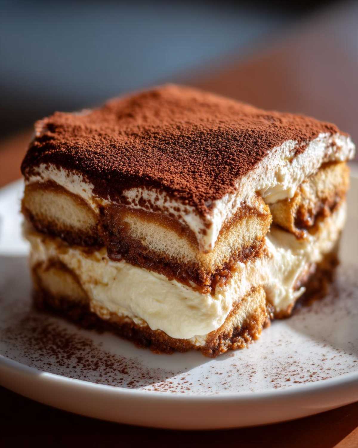 A decadent, layered slice of authentic Tiramisu topped generously with cocoa powder, sitting on a white plate.