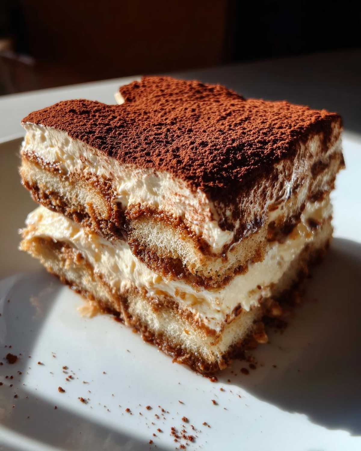 A close-up, sunlit slice of authentic Tiramisu showing layers of cream, coffee-soaked ladyfingers, and cocoa powder dusting.
