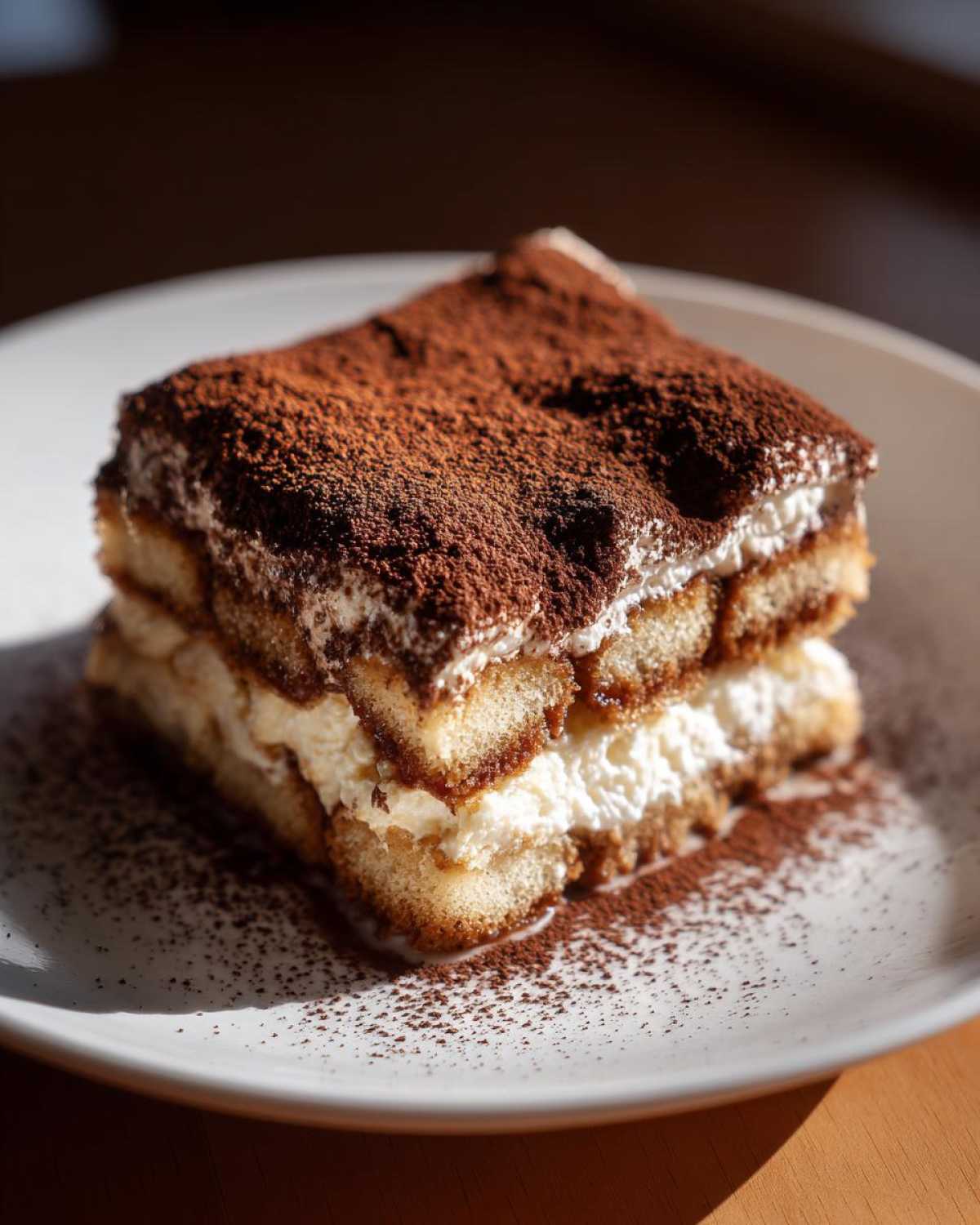 A decadent, layered slice of authentic Tiramisu dusted heavily with cocoa powder, served on a white plate.