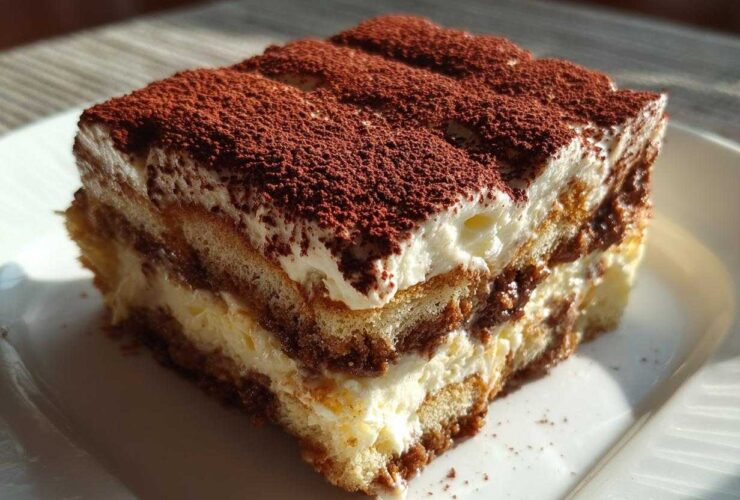 A close-up of a rich, layered slice of authentic Tiramisu dusted heavily with cocoa powder.
