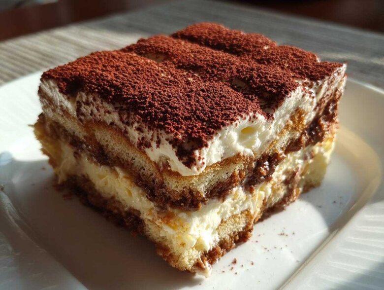 A close-up of a rich, layered slice of authentic Tiramisu dusted heavily with cocoa powder.