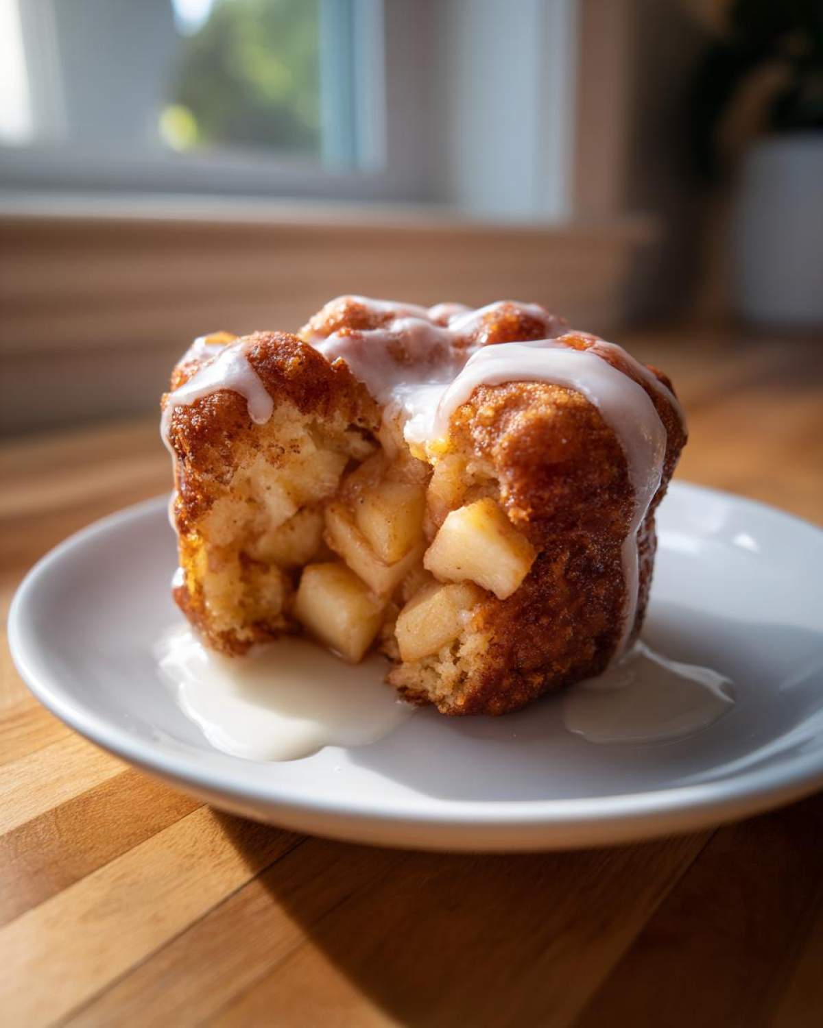 A close-up of a single baked apple fritters piece, broken open to show chunks of spiced apple filling and drizzled with white glaze.