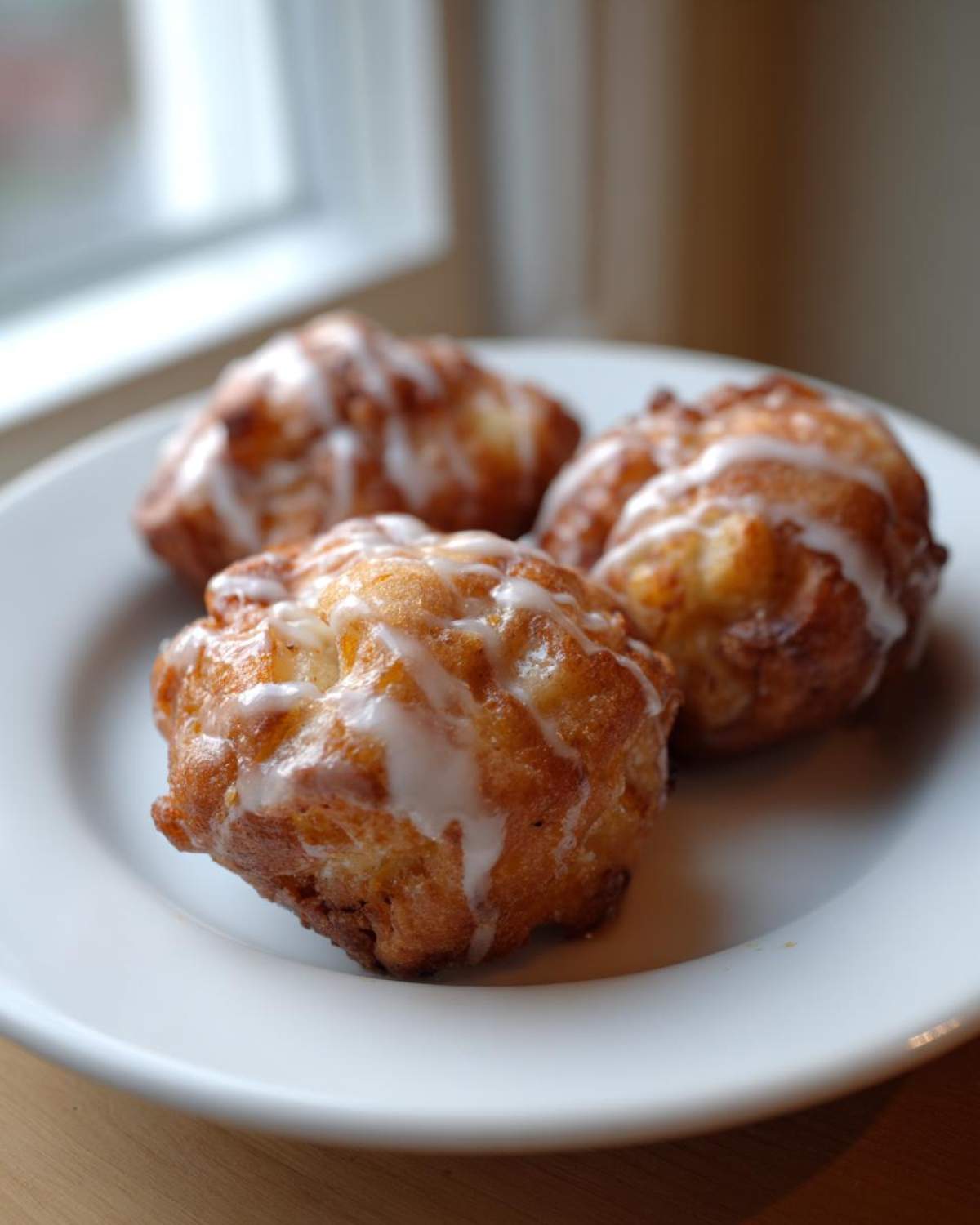 Three golden brown baked apple fritters drizzled with white glaze resting on a white plate.