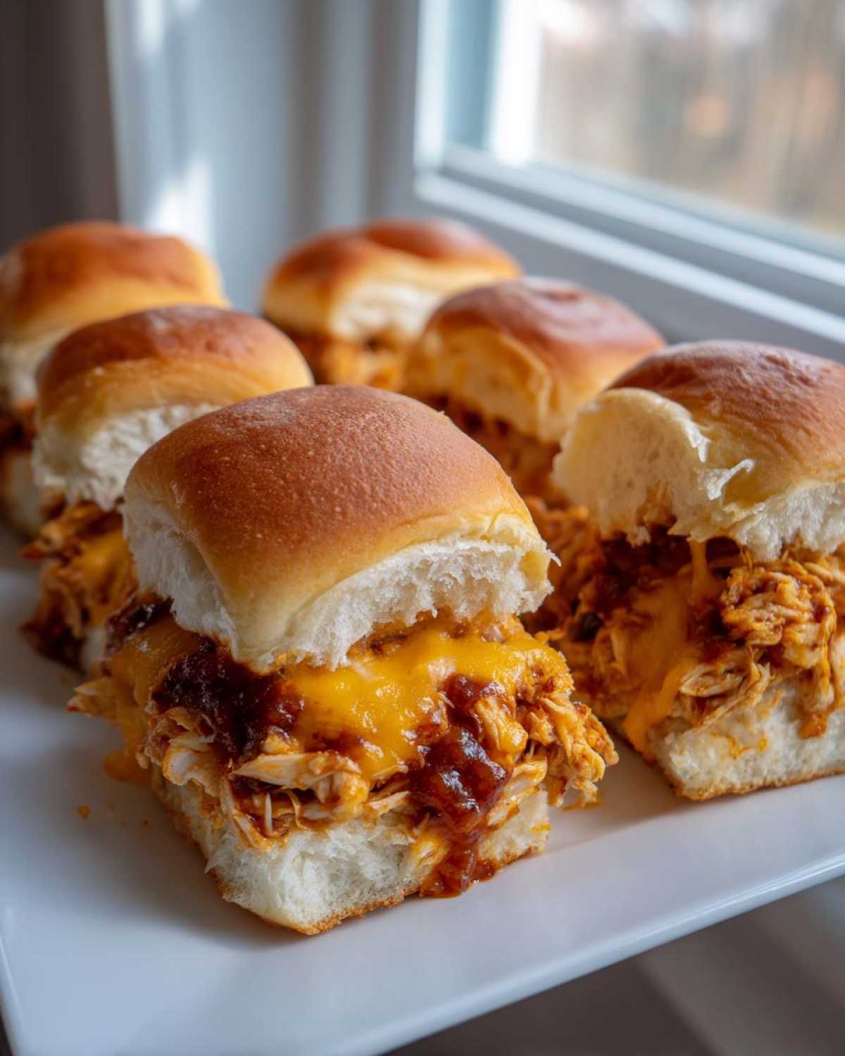 Close-up of several baked bbq chicken sliders filled with shredded chicken, BBQ sauce, and melted cheddar cheese on soft rolls.