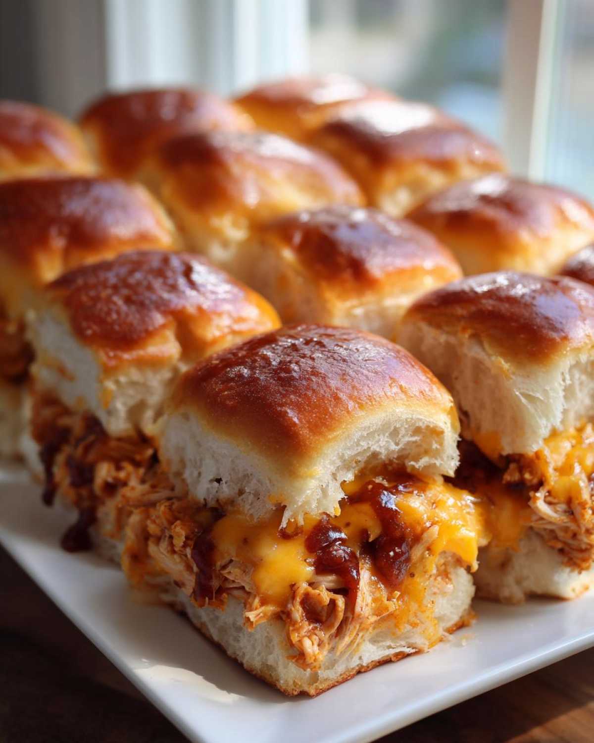 A close-up view of several baked bbq chicken sliders filled with shredded chicken, melted cheddar cheese, and BBQ sauce on a white platter.