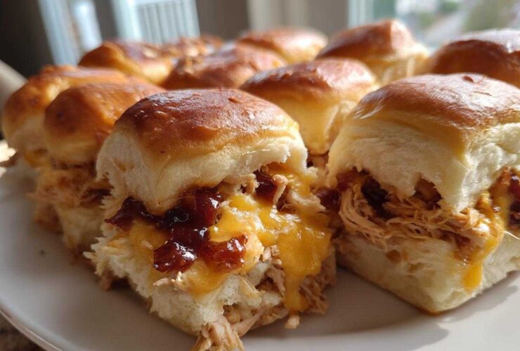 A plate of freshly baked bbq chicken sliders showing shredded chicken, melted cheddar cheese, and BBQ sauce on soft rolls.